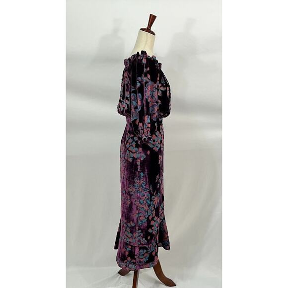 SALONI Sz 2 US 6 UK Plum Purple Floral Grace Off The Shoulder Dress - Picture 5 of 10
